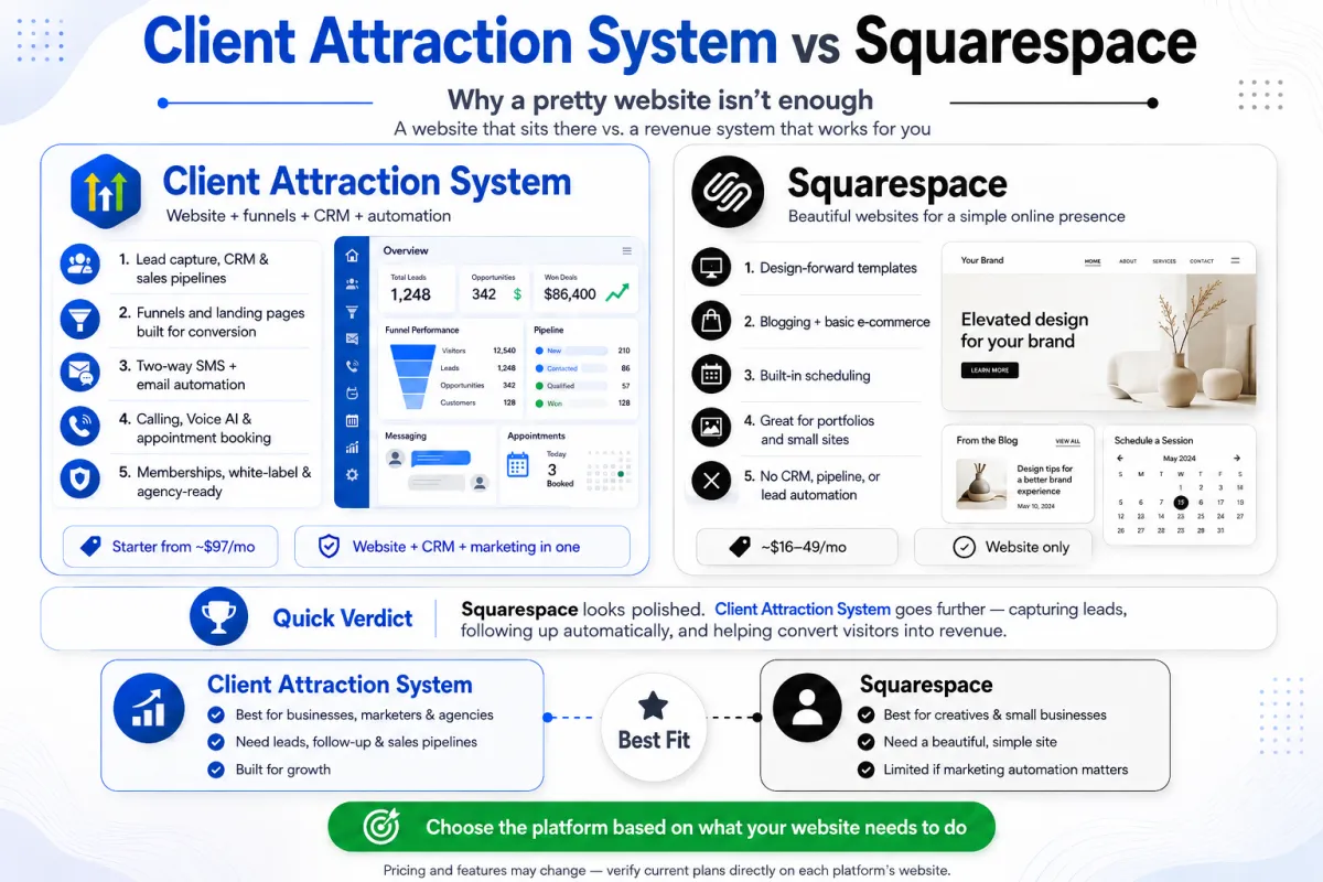 Client Attraction System (CAS) vs Squarespace: Why a Pretty Website Isn't Enough