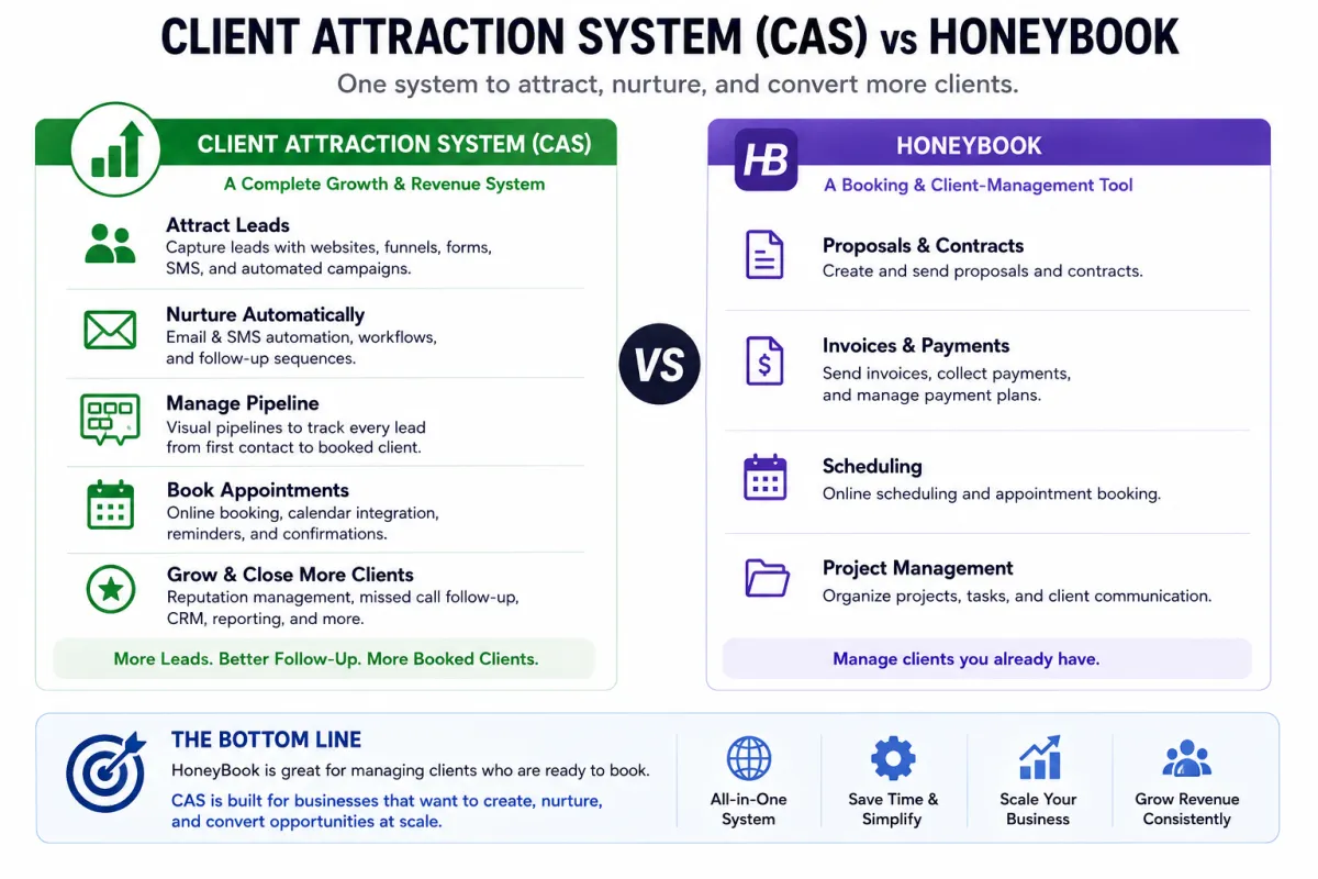 Client Attraction System (CAS) vs HoneyBook: Which Platform Is Better for Business Growth?