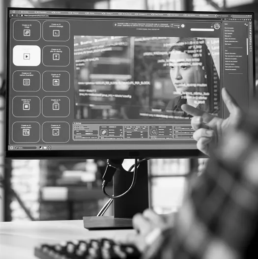 Black and white photo of a person pointing at a computer monitor displaying code and a woman's face