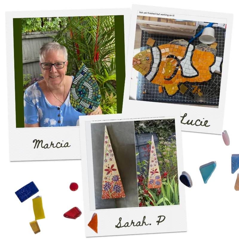 a collection of three polaroid style photos each showing proud course students showing off their finished garden mosaic projects