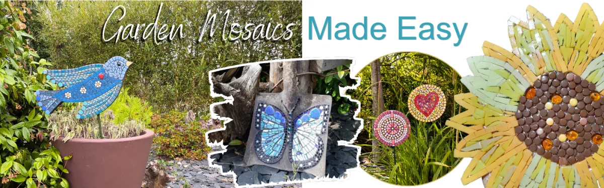 a collection of three polaroid style photos each showing proud course students showing off their finished garden mosaic projects