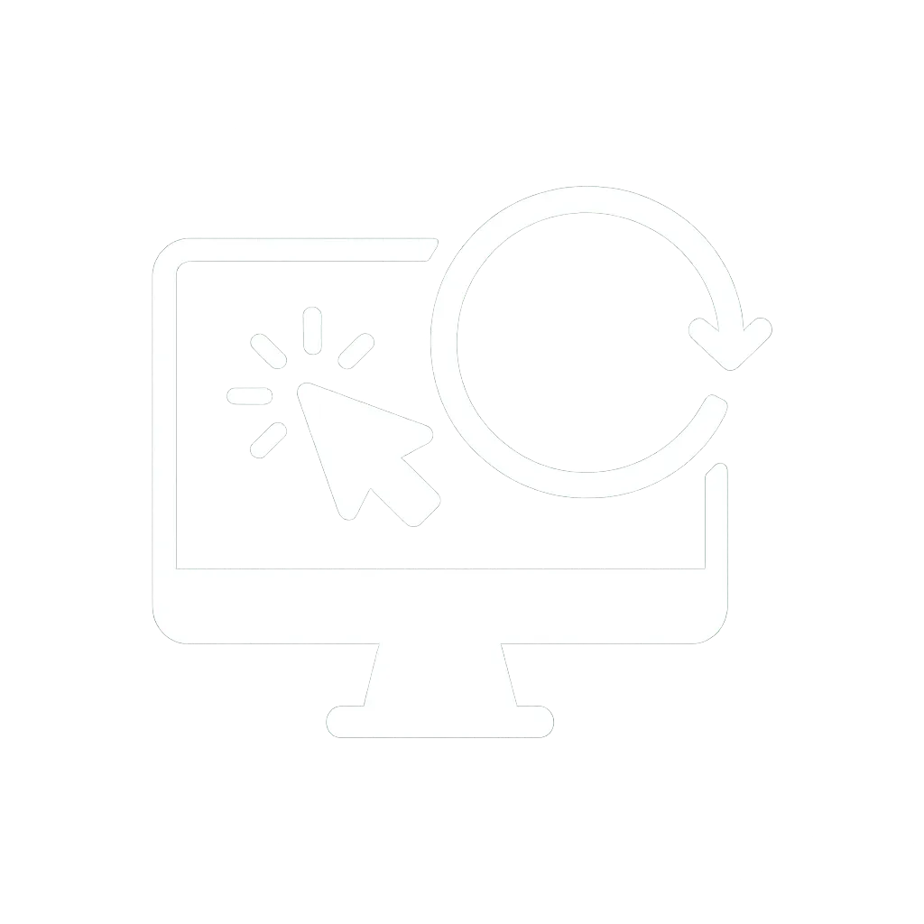 Convert icon: white screen with click/CTA and remarketing loop (conversion + remarketing) on a red circle (#EC0016)