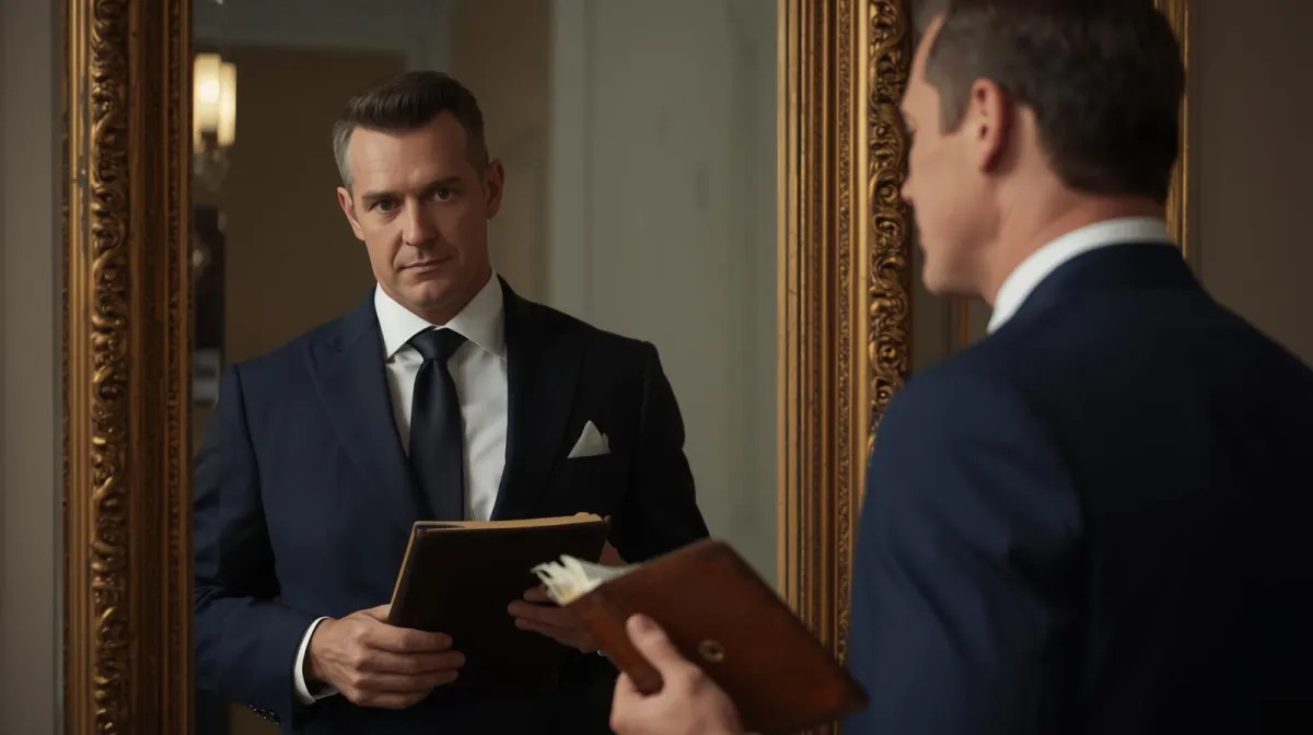 Business man looking at a mirror with book in his hand.