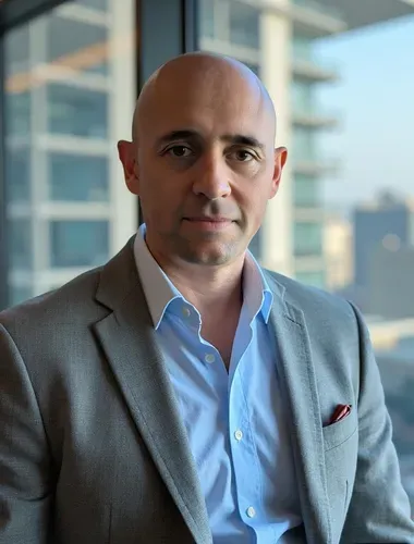 Professional career coach Rushdi Kirsten in a tailored suit, positioned in a modern office setting, promoting career strategy reset calls for high-performers in Australia.