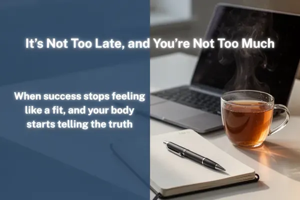 Desk scene with laptop, notebook and tea, with text “It’s Not Too Late, and You’re Not Too Much