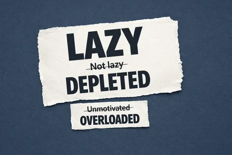 Torn paper labels showing “Lazy” crossed out and replaced with “Depleted” and “Overloaded”