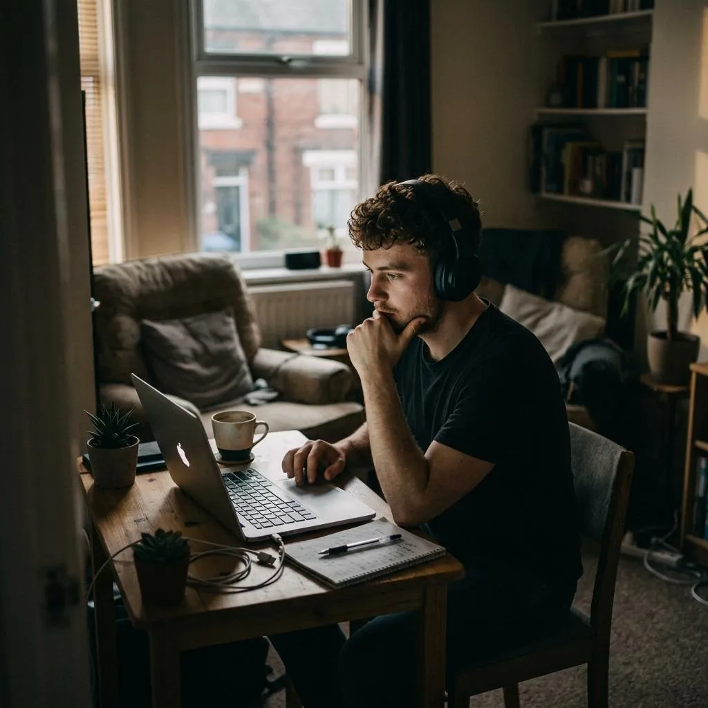 Young professional working remotely at a laptop in a home living room, wearing headphones and focusing at a desk.