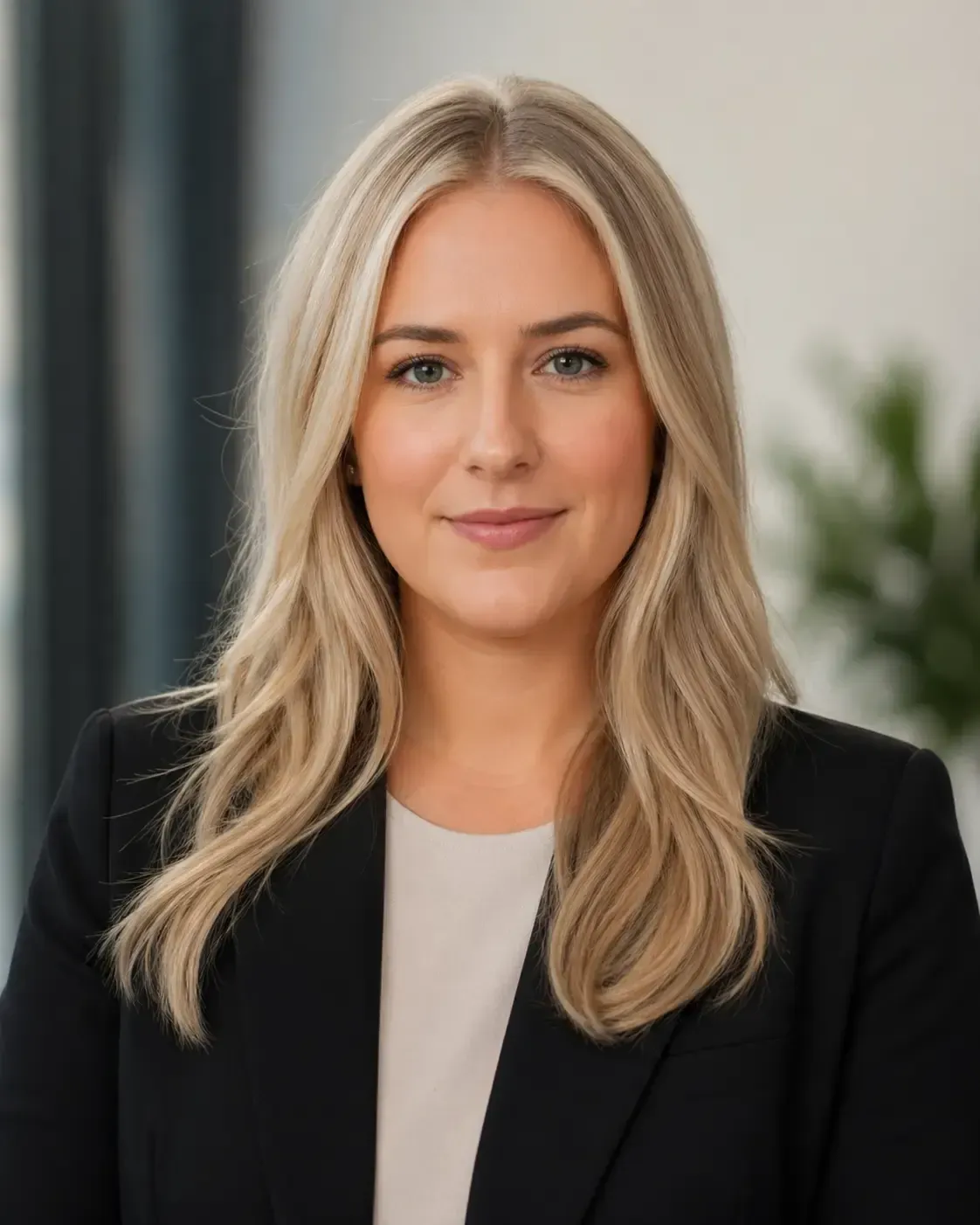 Professional woman with long blonde hair, wearing a black blazer and light top, smiling confidently in a modern office setting, representing career coaching and personal growth in Adelaide.