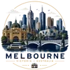 Modern Melbourne skyline vector illustration featuring Flinders Street Station, Arts Centre spire, bridges, and city skyscrapers.
