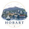 Vector illustration of Hobart featuring Mount Wellington, waterfront sailboats, and the Tasmanian city skyline in a minimalist style.
