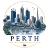 Minimalist vector illustration of Perth skyline featuring the Bell Tower, Swan River, and modern cityscape in navy and gold tones.