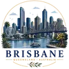 Vector illustration of Brisbane skyline featuring Story Bridge, Brisbane River, city skyscrapers, ferris wheel, and tropical elements.