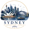 Minimalist Sydney skyline icon featuring the Sydney Opera House, Harbour Bridge, ferry, and modern city skyline in navy and gold tones.