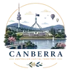 Modern vector icon of Canberra featuring Parliament House, the Telstra Tower, and Lake Burley Griffin in a clean minimalist style.