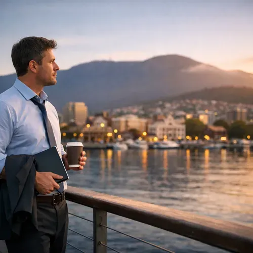 Man in business attire holding a coffee cup and tablet, gazing at the waterfront in Hobart, with city lights and mountains in the background, symbolizing career reflection and job search strategies.