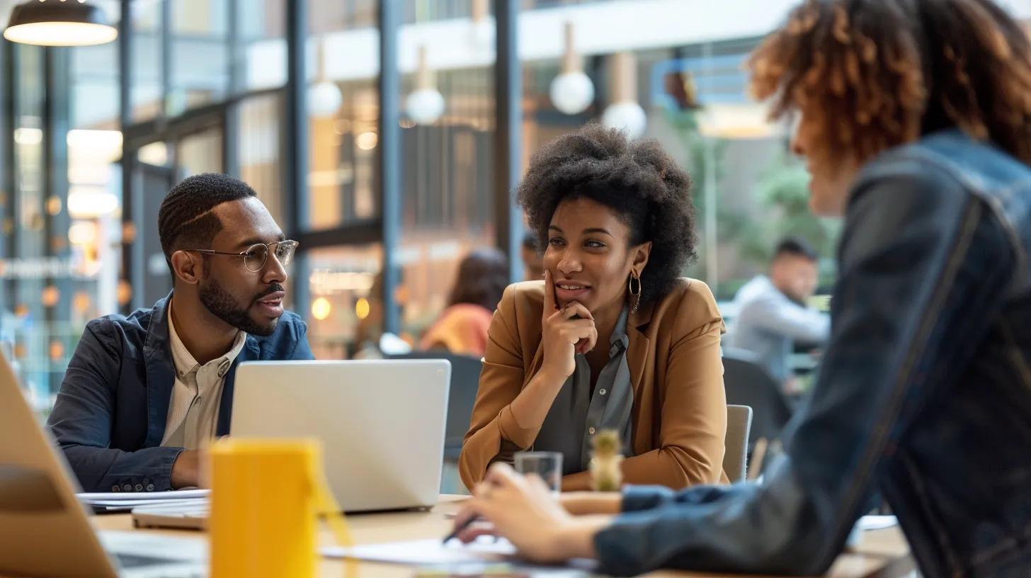 Professional career coaching conversation in a modern office with three people discussing career goals around a laptop.
