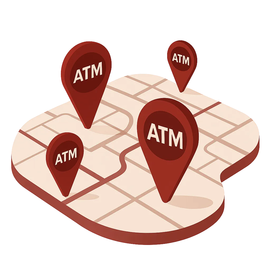 Map illustration showing multiple ATM locations for fee-free access