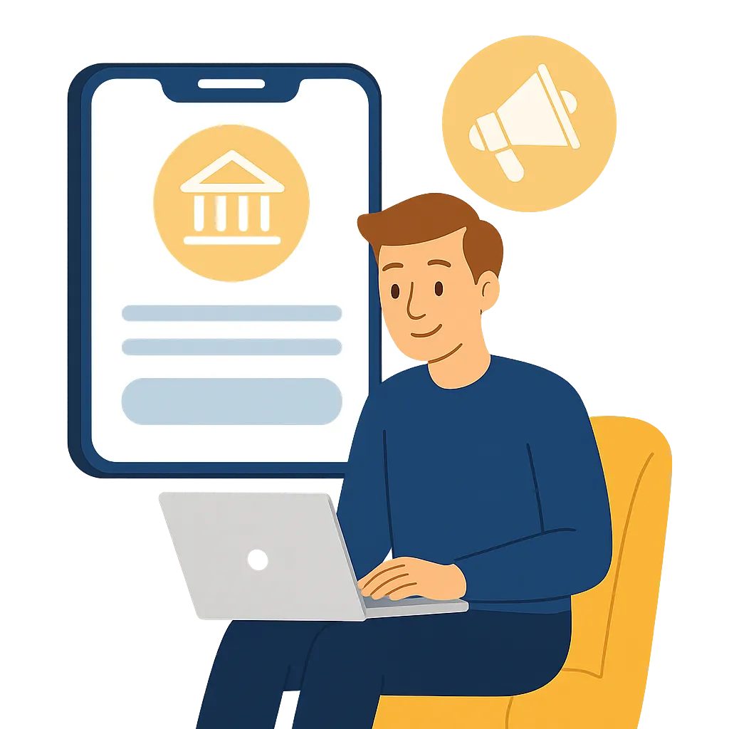 Illustration of man applying for a loan online using a laptop