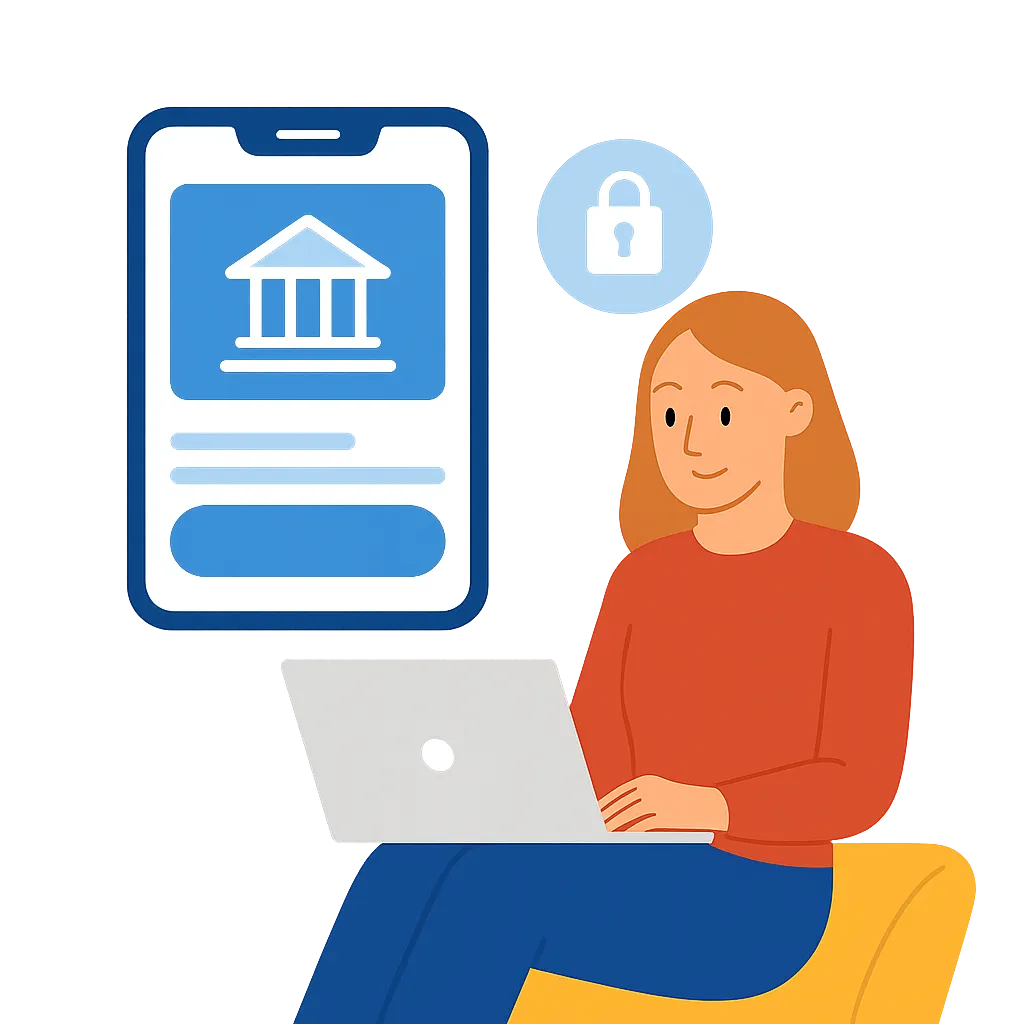 Illustration of woman logging into online banking on a laptop