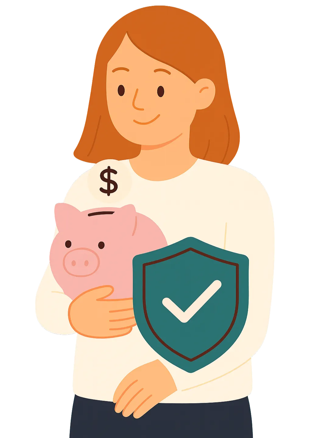 Illustration of parent holding piggy bank and shield representing protected youth financial growth
