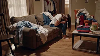 Professional cleaner organizing a closet