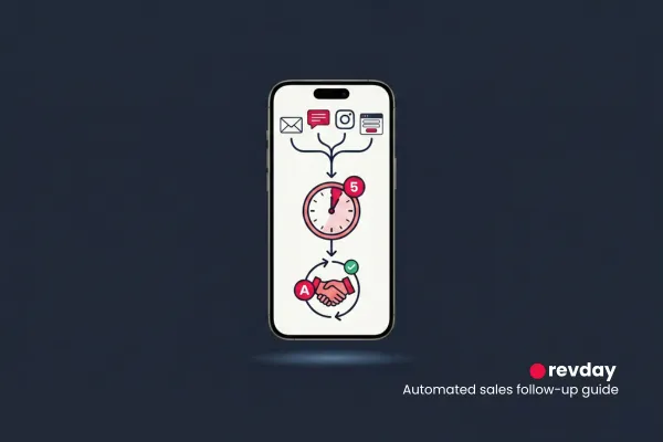 Illustration of a smartphone displaying an automated sales follow-up process, showing incoming leads routing through a 5-minute response timer to a successful handshake.