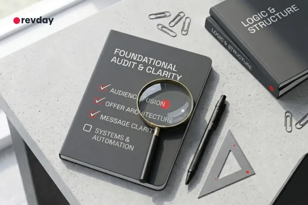 A revday foundational audit checklist showing that audience, offer, and message clarity must come before systems and automation.