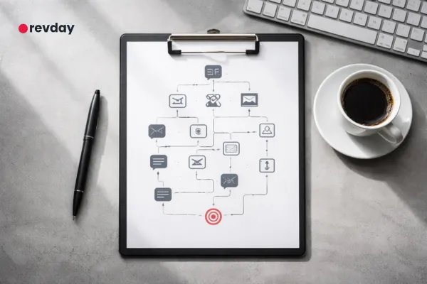 A clean architectural blueprint of a service business sales pipeline on a desk, representing the revday approach to CRM setup.