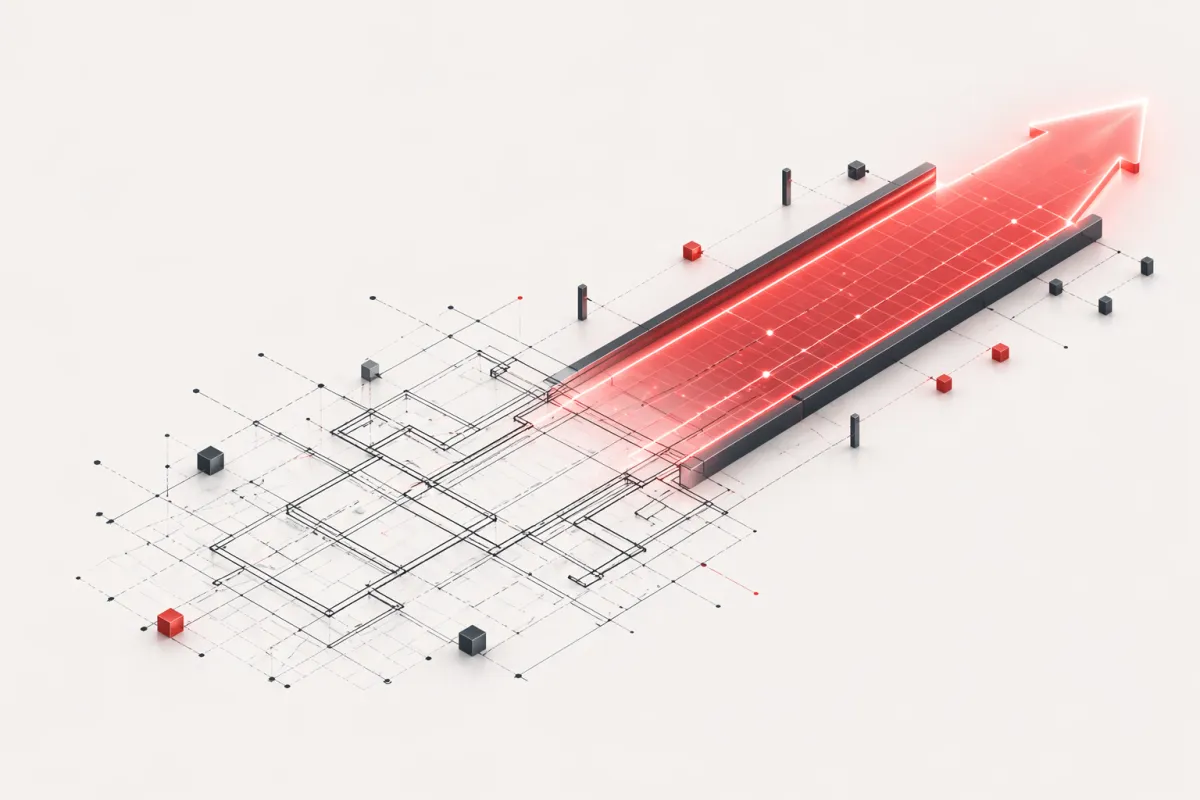 A minimalist graphic showing a clean, structured blueprint overlaying a runway.