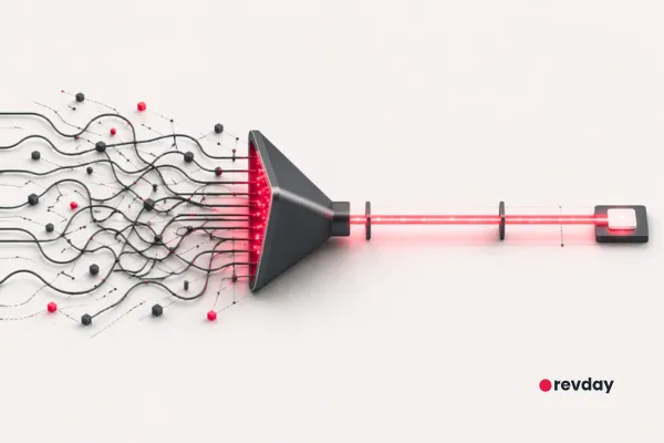 A minimalist graphic of a funnel filtering multiple paths down to one clear, glowing red line.