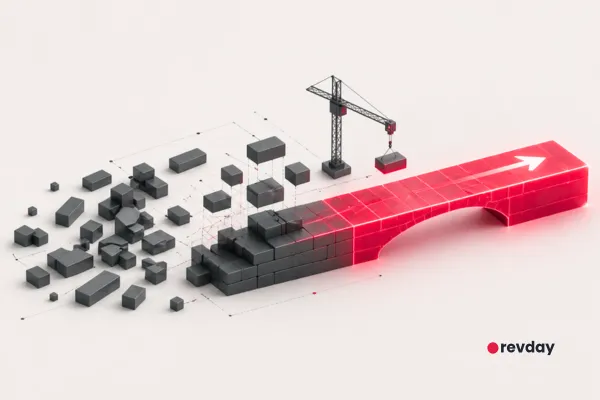 A minimalist graphic showing raw grey materials being assembled into a structured, glowing red bridge.
