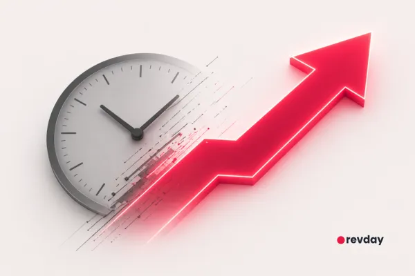 A minimalist graphic showing a clock being replaced by a solid, glowing red upward arrow.