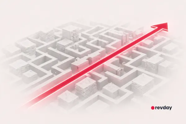 A minimalist graphic showing a clean red path navigating through a maze of grey paperwork.