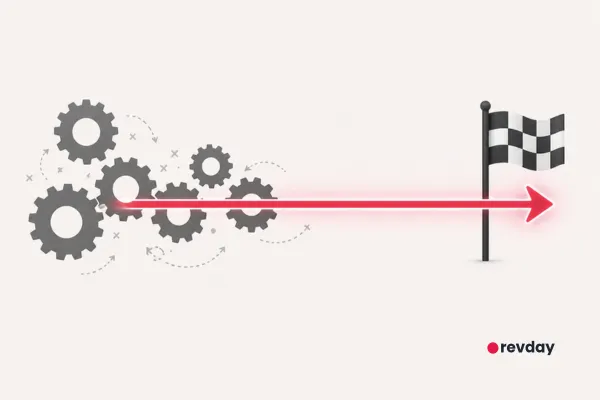 Minimalist diagram showing misaligned gears transitioning into a perfectly straight red line representing a frictionless sales pipeline.