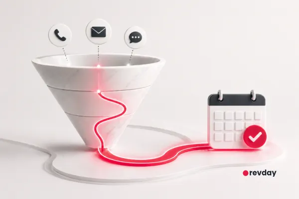 revday's Frictionless booking path showing lead sources flowing through a sales funnel into a booked calendar appointment for a service business.