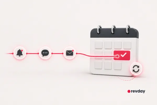Premium calendar reminder visual showing SMS and email prompts helping a service business reduce appointment no-shows