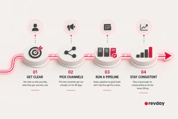 Minimalist diagram showing four core steps to get clients for a service business: clear positioning, choosing channels, managing a sales pipeline, and staying consistent, with the revday logo in bottom right.