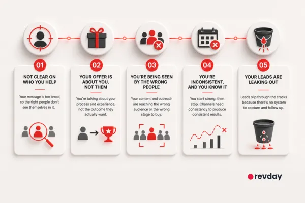 Alt text: Minimalist diagram showing five common reasons service businesses fail to get clients, including unclear positioning, weak offer, wrong audience, inconsistent marketing, and poor lead follow-up.
