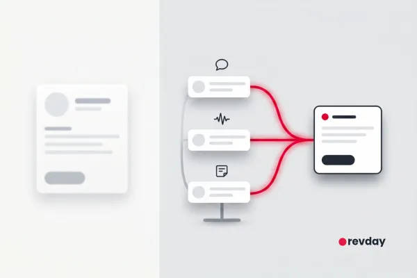 A minimalist workflow visualization showing real customer conversation nodes being filtered into a structured insight panel using the revday growth engine framework.