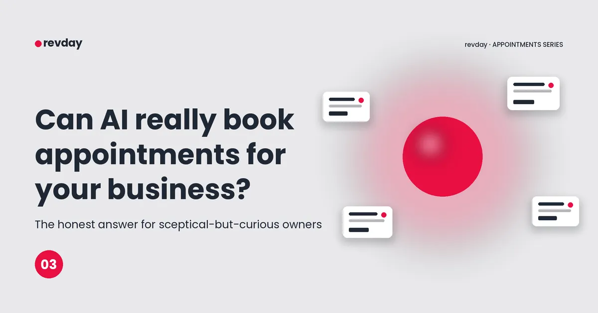 Here are three options for your SEO alt text for the third infographic:  Option 1: Short and punchy (Best for standard SEO)  "revday infographic explaining what a good AI booking system and modern AI receptionist can actually do for your service business.