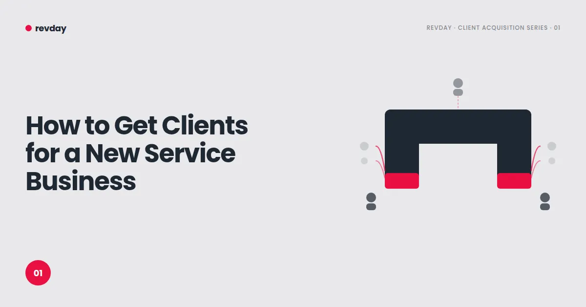 revday blog cover titled How to Get Clients for a New Service Business, featuring an illustration of a magnet attracting new leads.