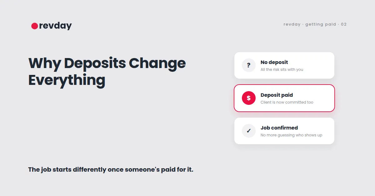 Illustration of a service business owner confidently requesting a deposit before starting work