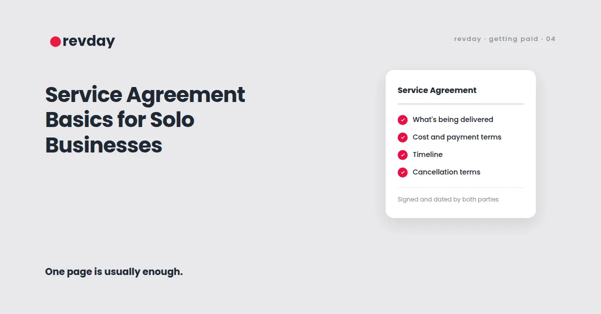Illustration of a solo service business owner reviewing a simple one page service agreement