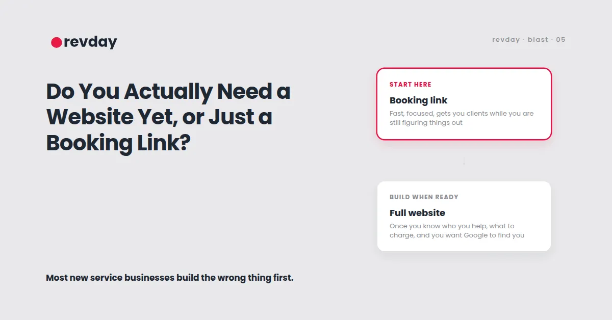 Decision graphic showing the choice between a full website and a simple booking link for a new service business (cover image, not placed inline in body)