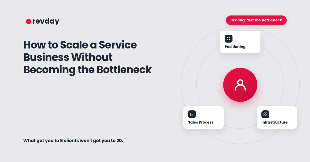 Illustration showing a service business owner as the bottleneck in their own business, with the path to removing that dependency (cover image, not placed inline in body)