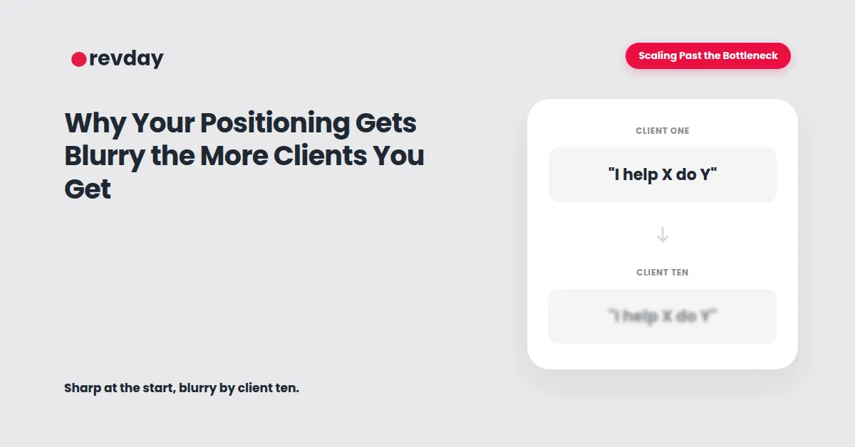 Illustration showing a service business owner's positioning becoming blurry and unclear as the business grows and takes on more clients (cover image, not placed inline in body)