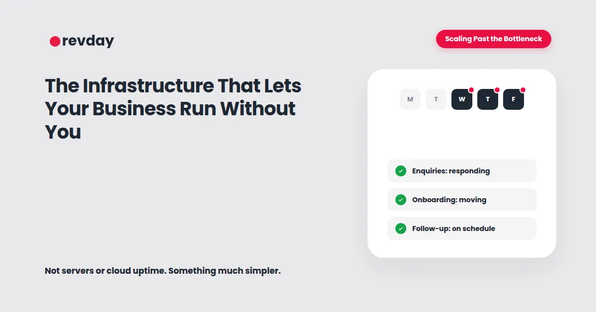 Illustration showing a service business operating normally even when the owner is unavailable, powered by proper infrastructure (cover image, not placed inline in body)