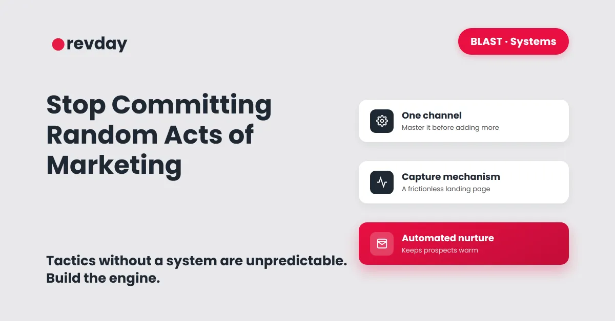 Illustration of the three pillars of a predictable marketing engine: one acquisition channel, a frictionless capture mechanism, and automated nurture.