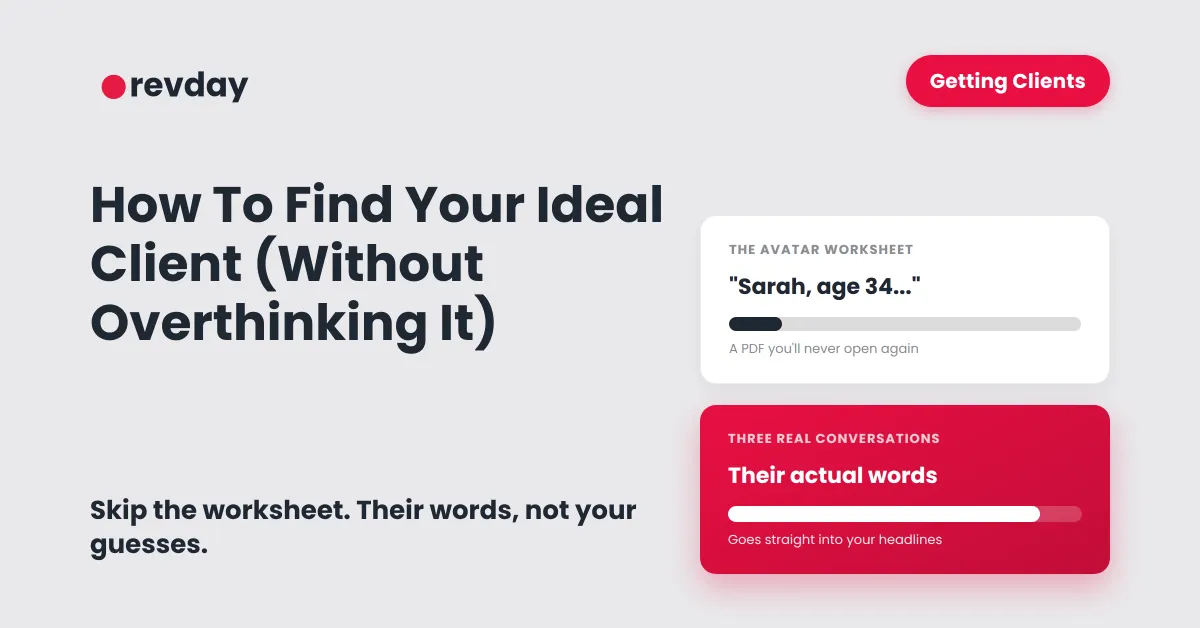 Comparison graphic showing a generic avatar worksheet nobody reopens, next to three real client conversations whose actual words go straight into marketing headlines.