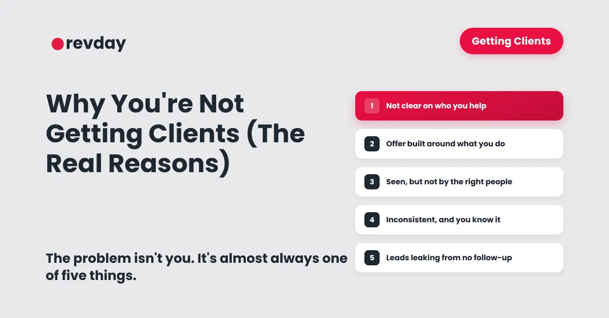 Checklist of the five real reasons clients aren't coming in, with "not clear on who you help" highlighted as the most common cause.